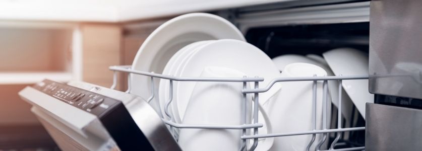dishwasher with clean white plates