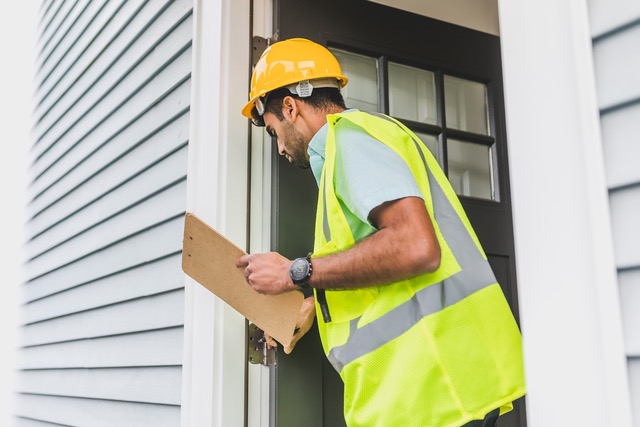 A man wearing a helmet and work overalls inspects a house while holding a clipboard.