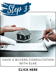 Step 3 pciture of one persons hand calculator, model house, and another person holding a pen over a contract