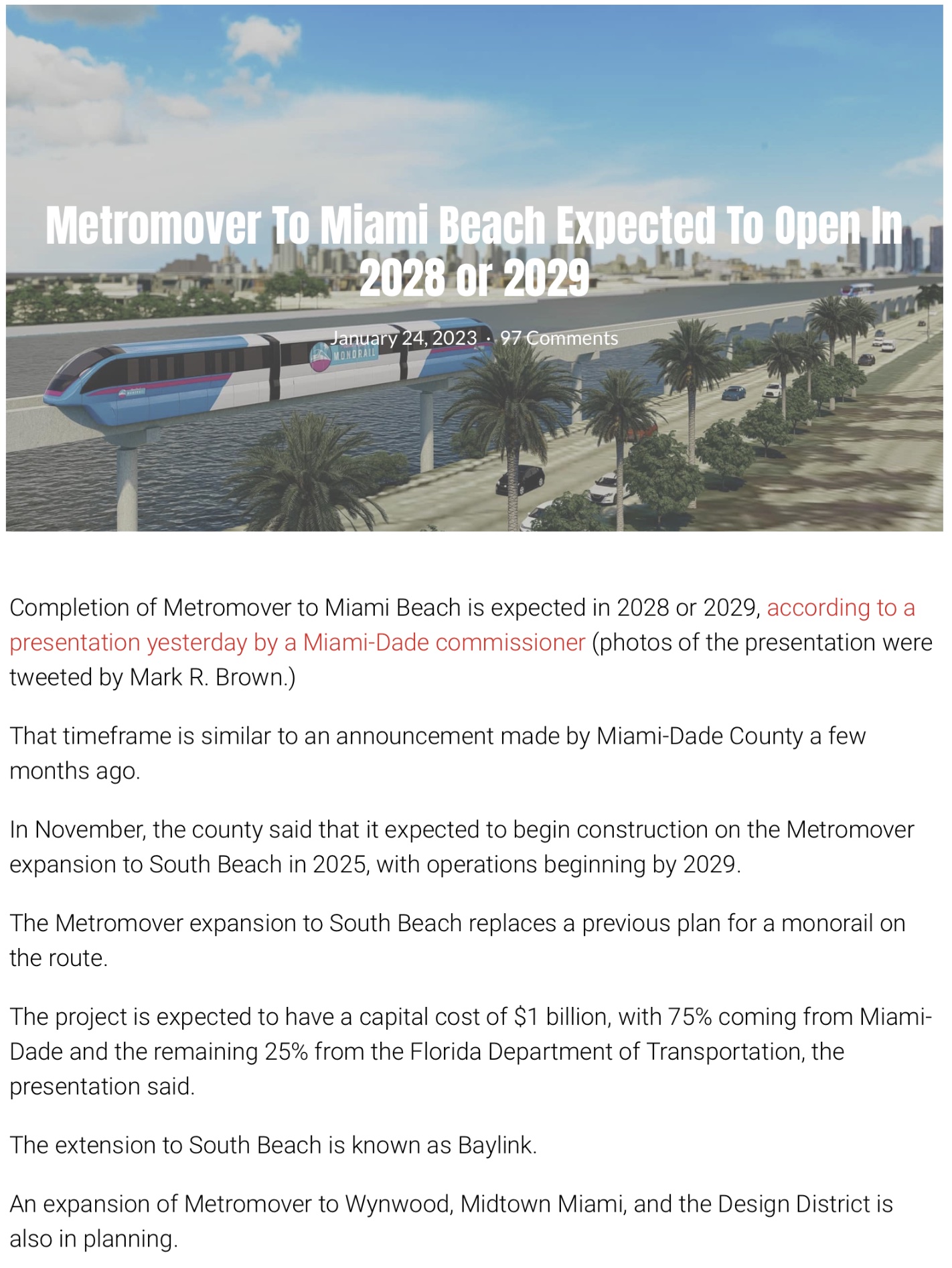 Metromover To Miami Beach Expected To Open In 2028 or 2029