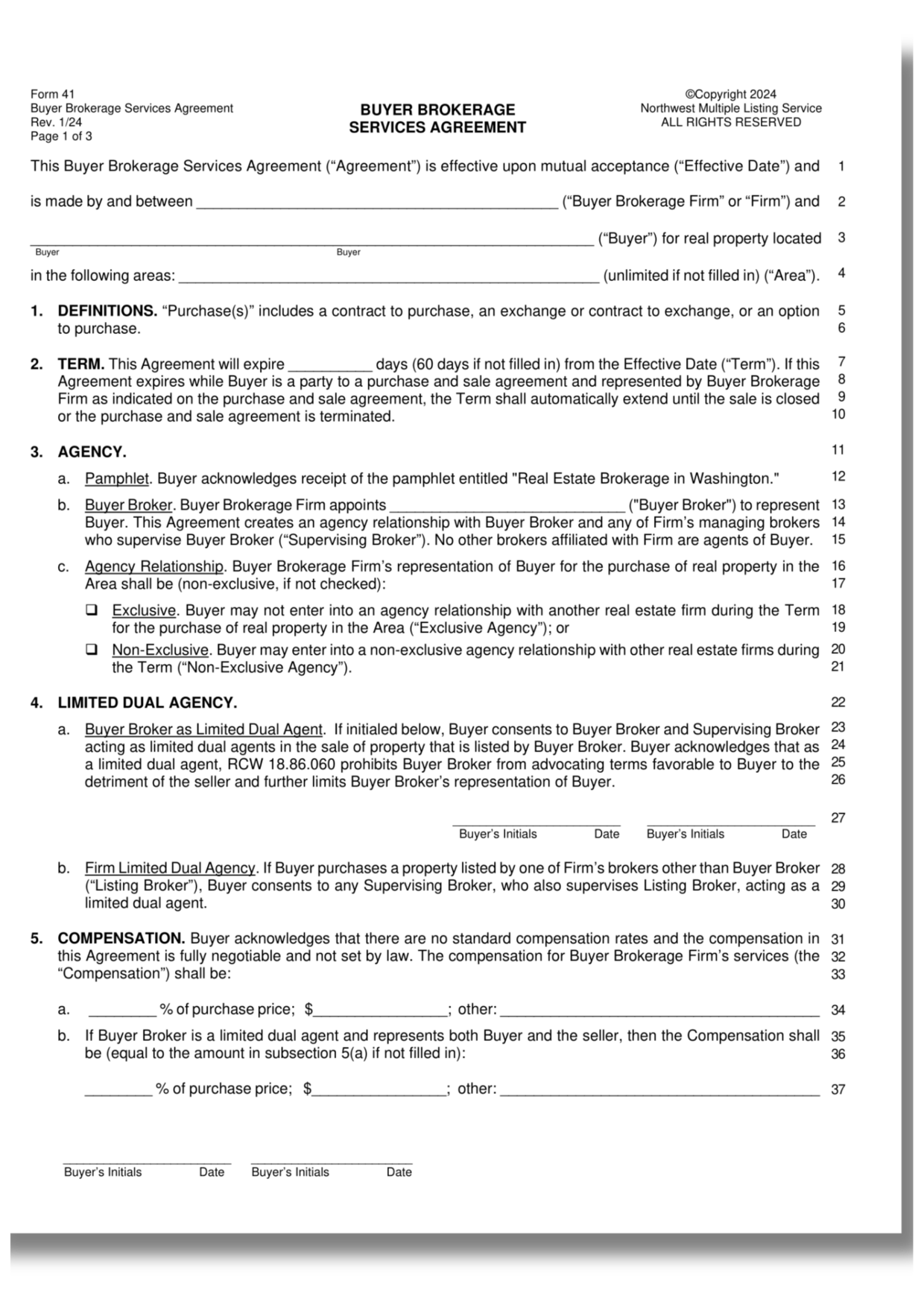 Front page of NWMLS Form 41