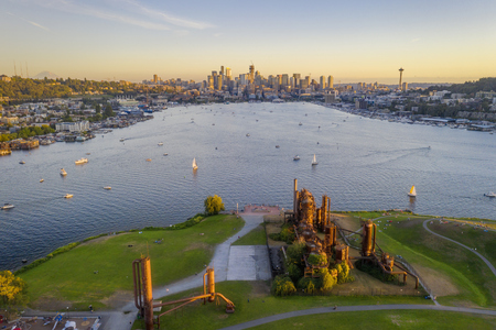 view of gasworks park in wallingford with downtown seattle in background