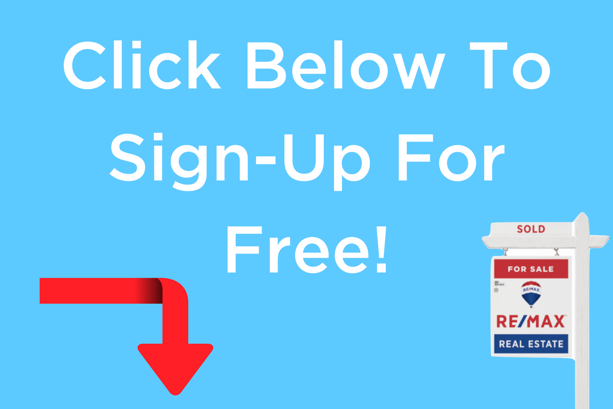 Light Blue Background, text with arrow next to it reads, :click below to sign up for free!"