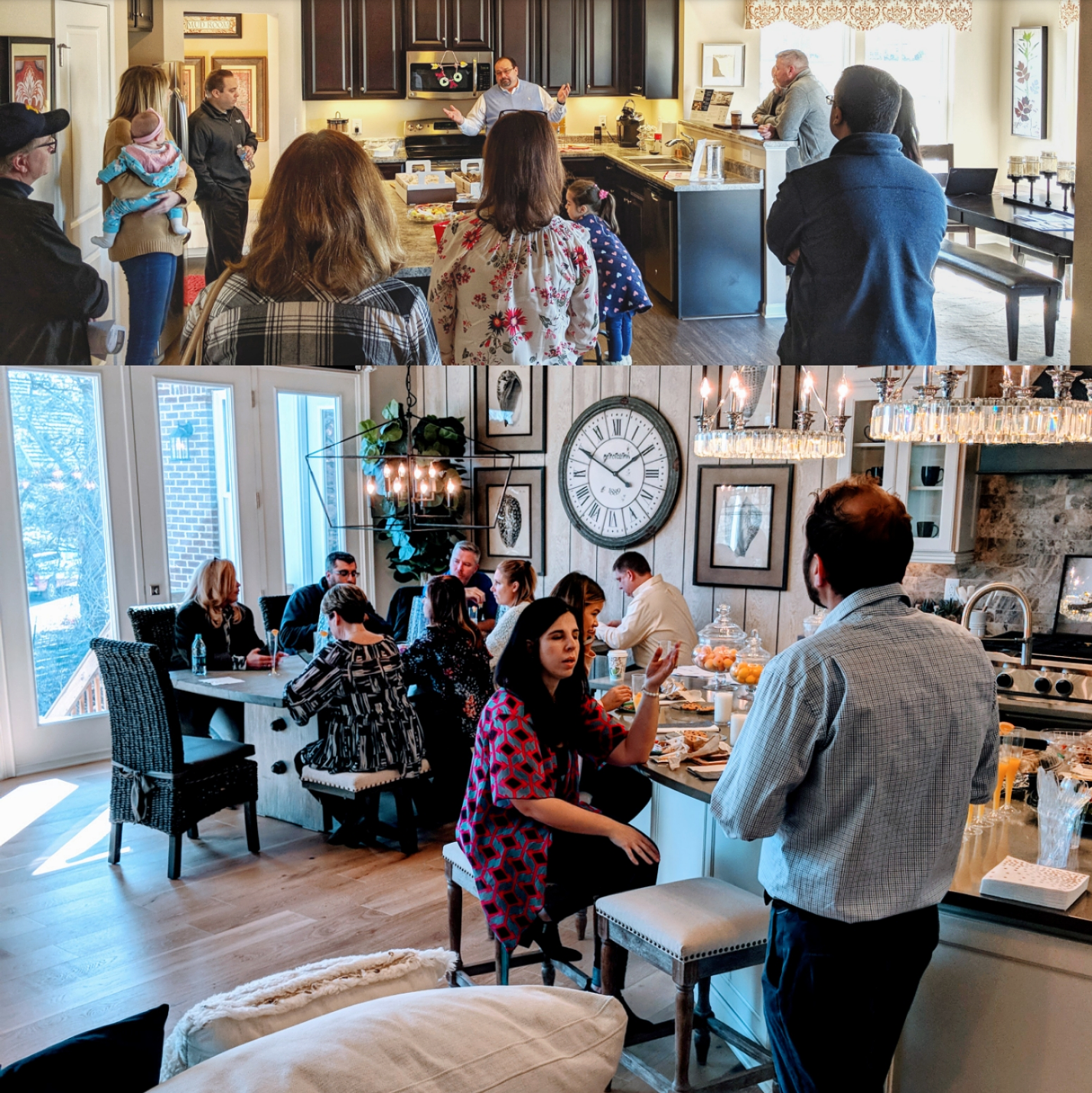 People standing in a home interacting and conversing