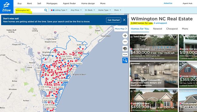 What Zillow shows as homes for sale in Wilmington