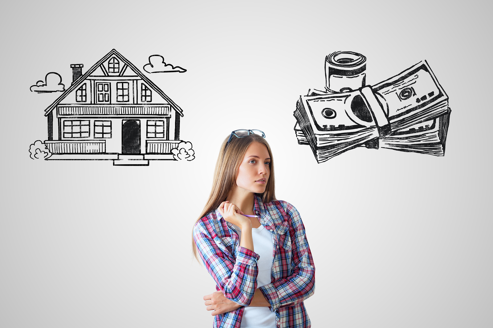 woman contemplating house and money