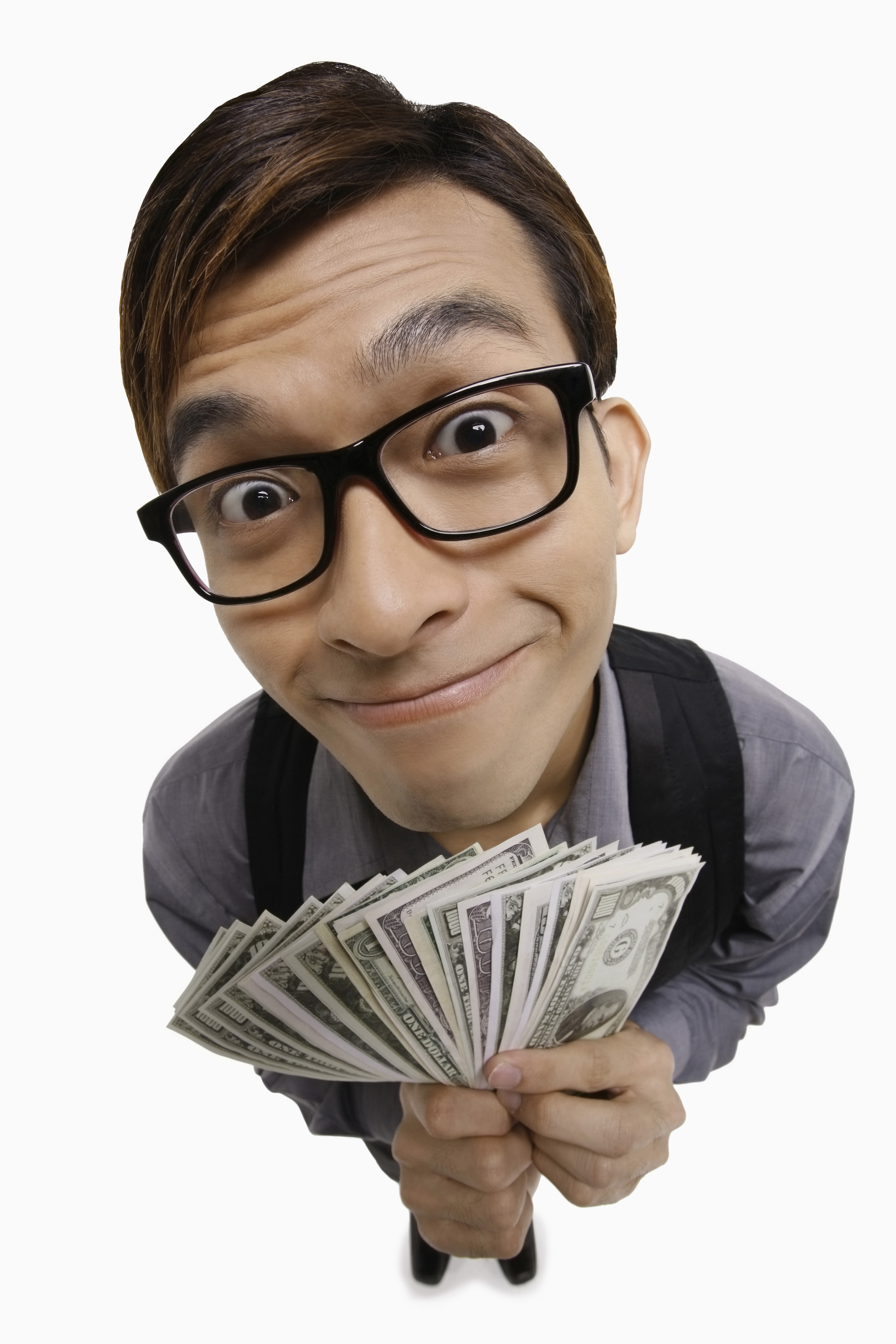 smiling man holding money