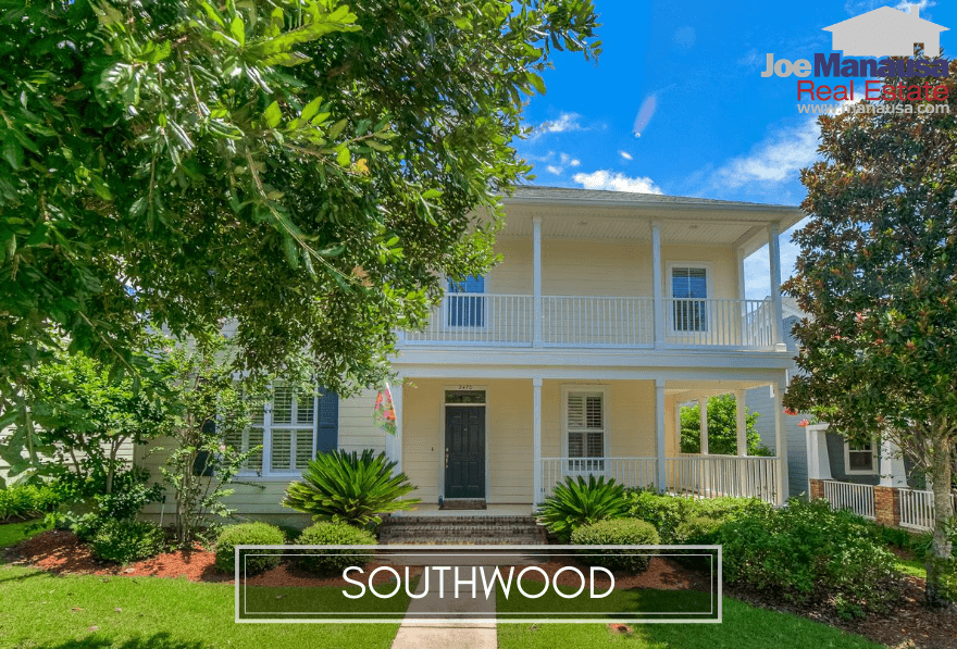 Southwood in Southeast Tallahassee is located off of Capital Circle SE and offers both existing and new homes priced from as low as $193K for a townhome to as high as $795K for a detached single-family home on the golf course.