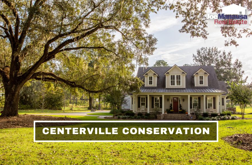 The Centerville Conservation neighborhood is a sought-after community of luxury homes, boasting around 200 spacious and high-end properties, with values exceeding one million dollars, built on multiple-acre lots since 2008.