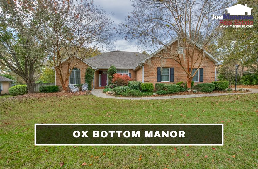 Ox Bottom Manor in Northeast Tallahassee contains roughly six hundred five, four, and three-bedroom homes on generous half-acre lots.