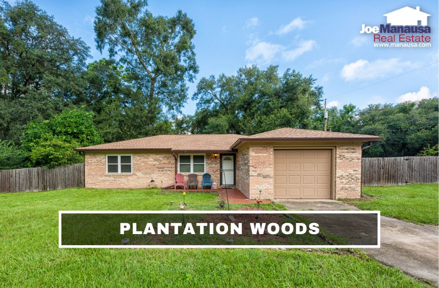 Plantation Woods hosts about three hundred four and three-bedroom single-family detached homes on nice-sized parcels of land.