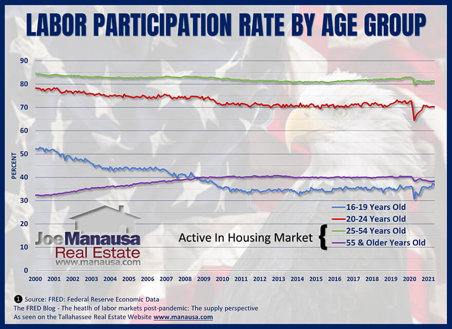 graph plots the participation rate for four key age groups in the US labor market