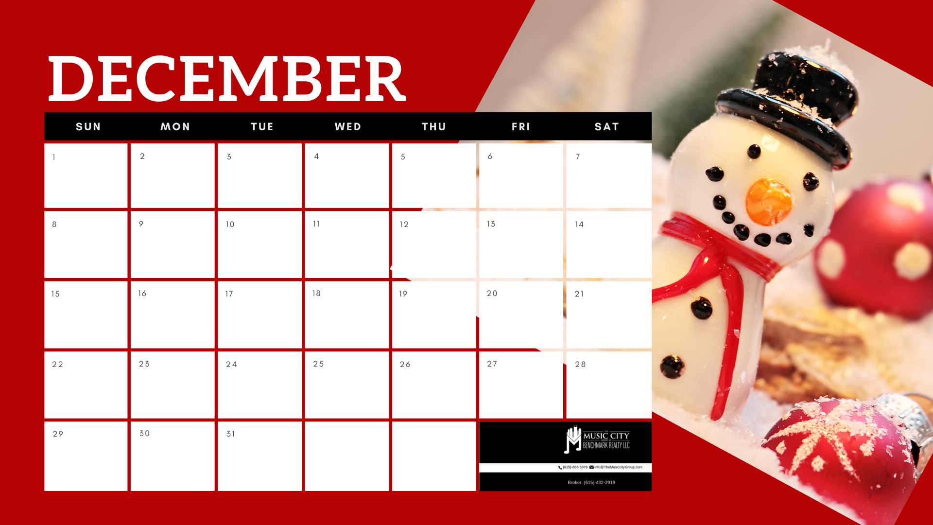 December Calendar with Snowman and ornaments