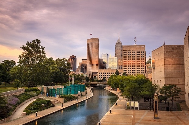 Indianapolis skyline and canal at sunset