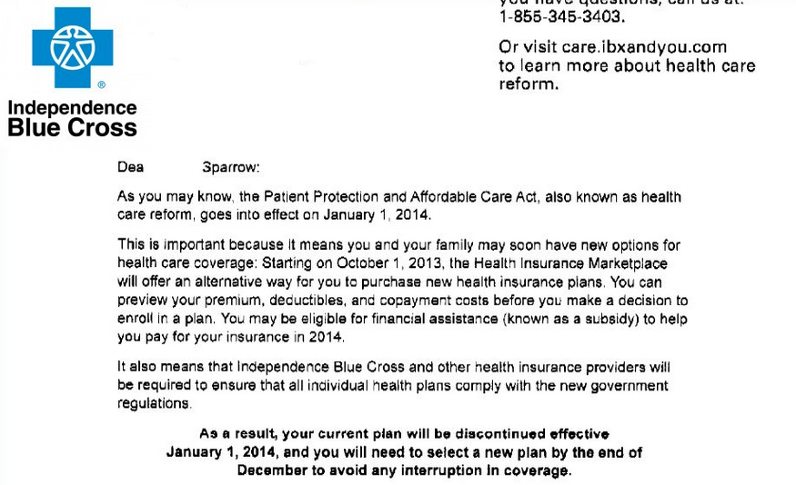 Blue Cross - Plans Cancelled - Obamacare - Affordable Care Act