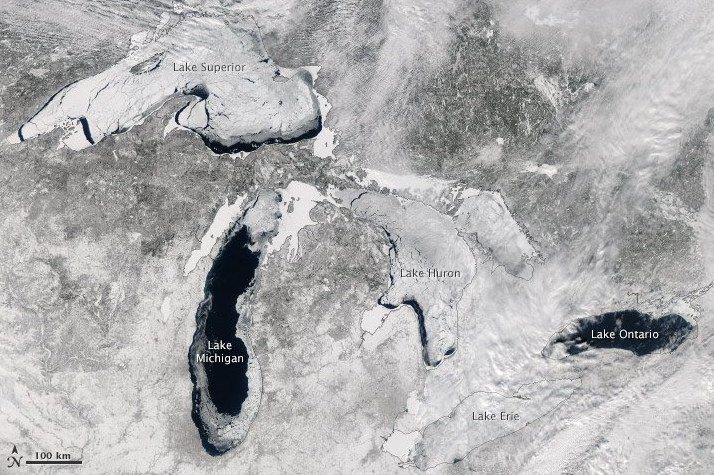 NASA Reveals Amazing Satellite Photo of Mostly Frozen Great Lakes  - labeled