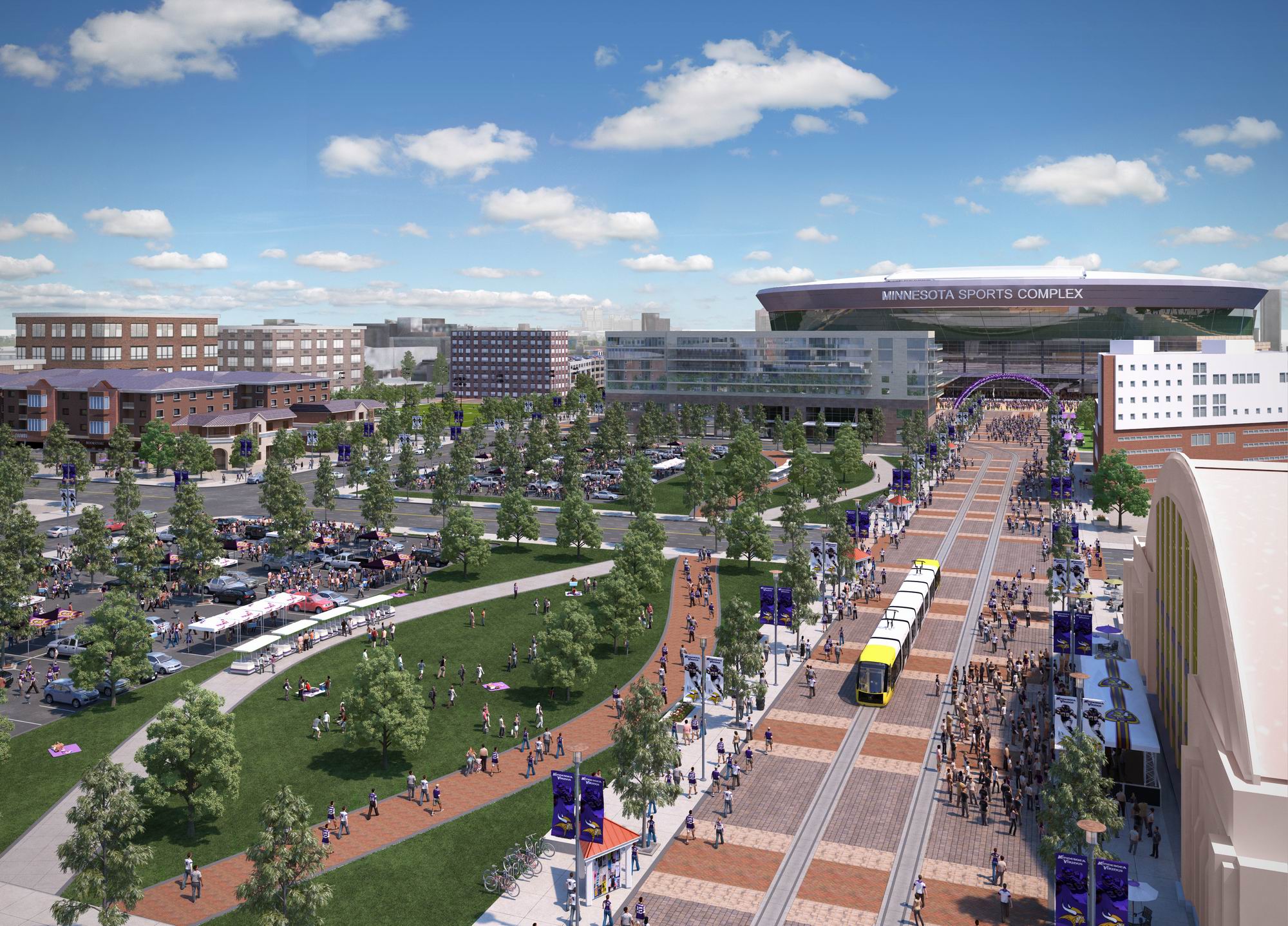 A version of the plaza, with light-rail, facing toward the stadium