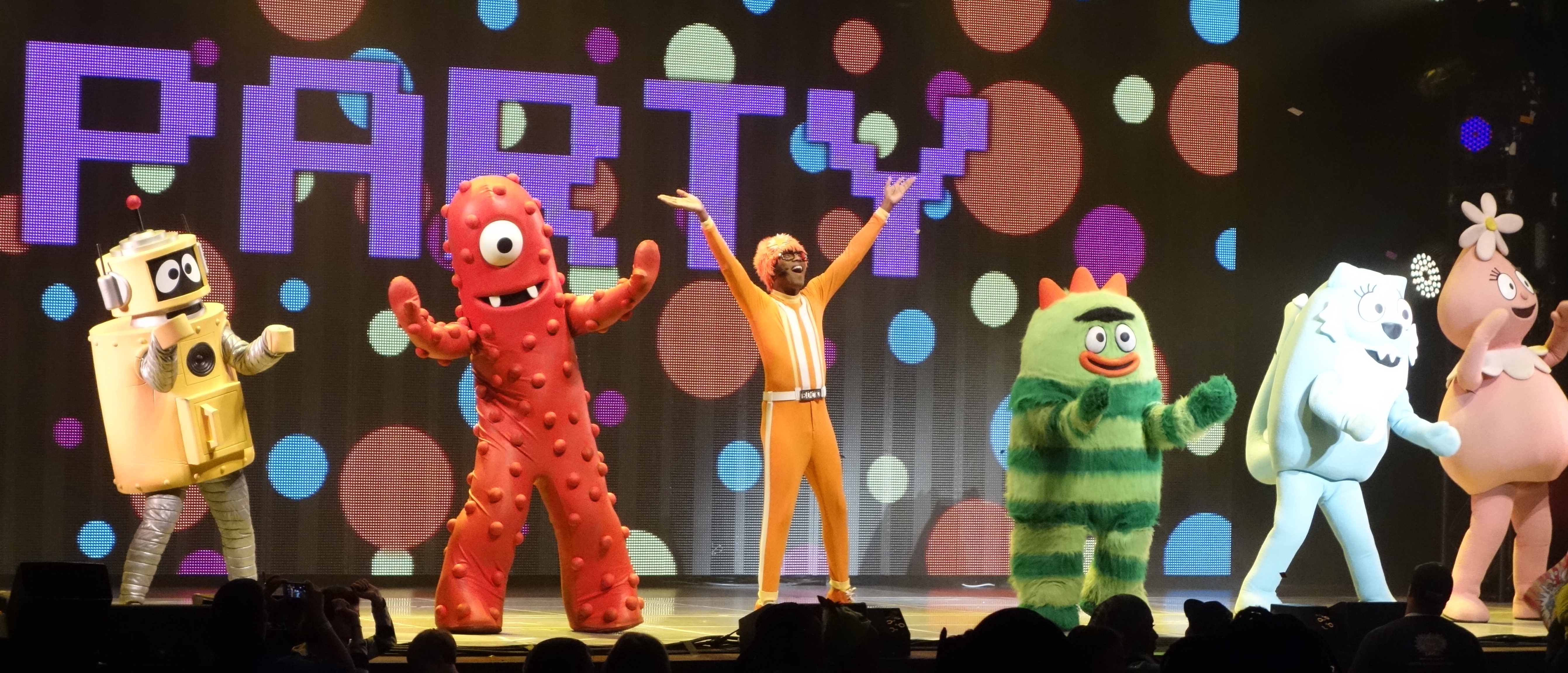 DJ Lance Rock, left, and Plex perform onstage at Yo Gabba Gabba! Live!: Get  The Sillies Out! 50+ city tour kick-off performance on Thanksgiving weekend  at Nokia Theatre L.A. Live on Friday