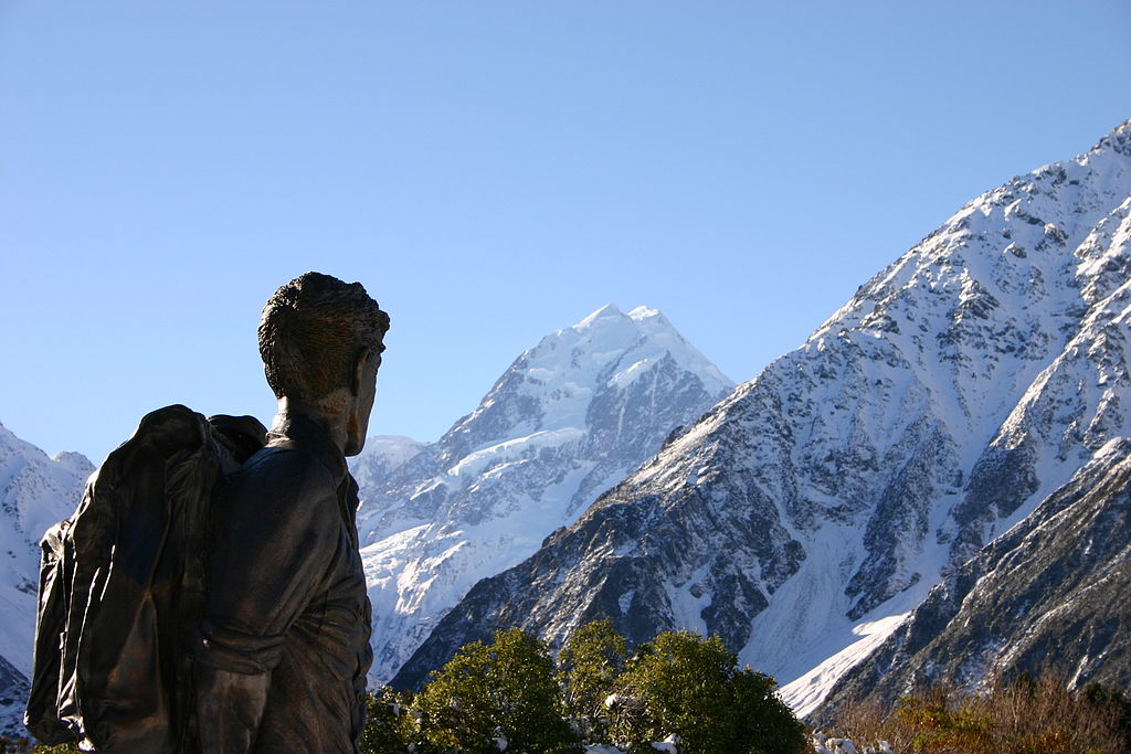 A statue of Hillary gazing at his favorite peak, Mount Cook. 