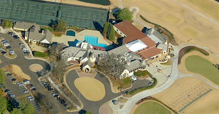 Aerial view of the Brookhaven Country Club and golf course.