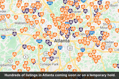 A map showing coming soon and temporary hold listings on FMLS in Atlanta, GA.