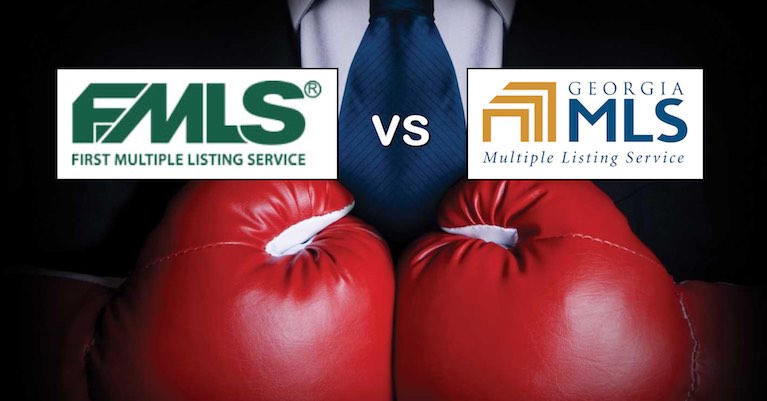 FMLS vs GAMLS logos in front of a businessman with boxing gloves.