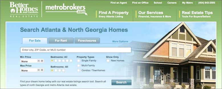 Screen shot of the BHGRE MetroBrokers.com homepage with link to agent Metronet login page.