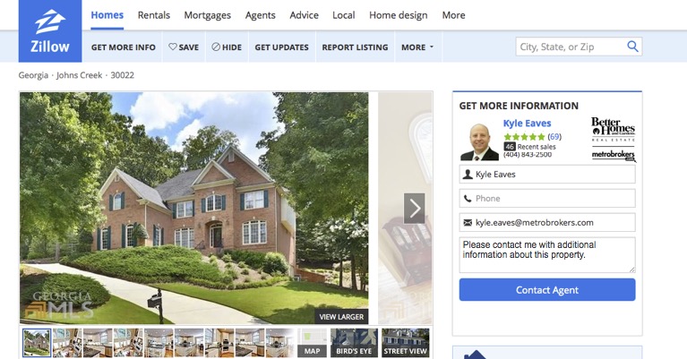 Listing details page screen shot of a Metro Brokers agent's featured listing on Zillow.