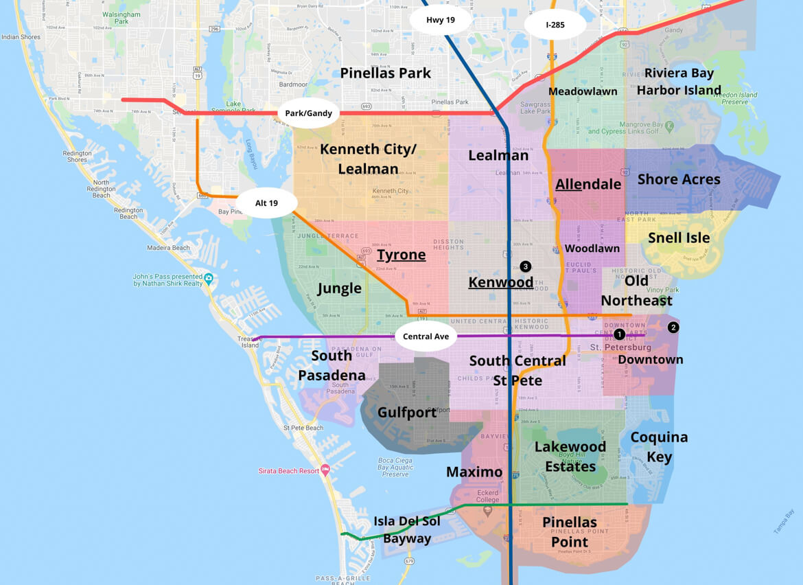 Map Of Popular Areas In St Petersburg Florida