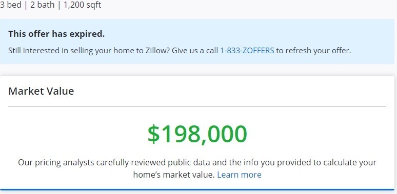 Zillow offer at $198,000
