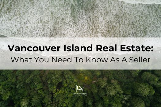 blog graphic for vancouver island real estate guide for sellers with background image of ocean meeting the forest