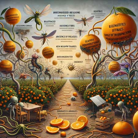 Whimsical depiction of decline causes, blending reality with fantasy, set in fading orange groves