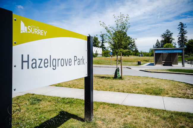 Hazelgrove Park Sign in Clayton, Surrey, in British Columbia
